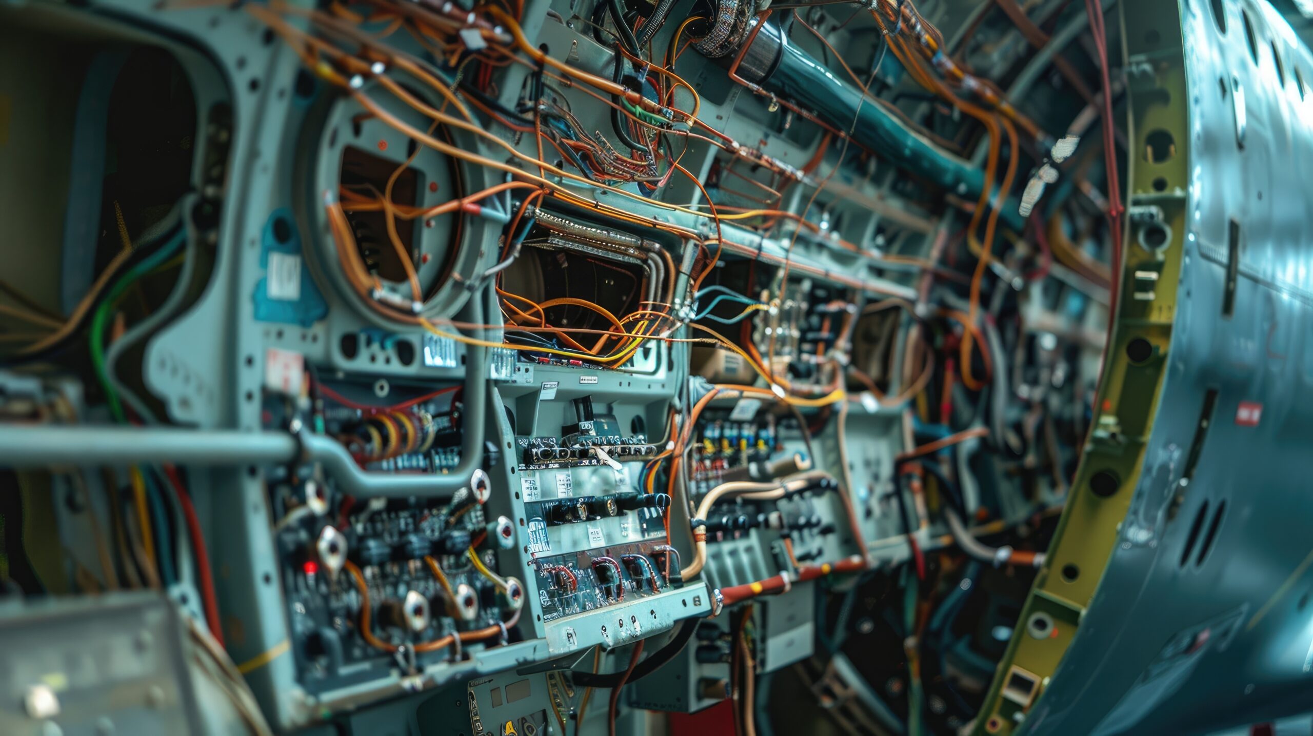 Intricate aircraft wiring and electronic components inside airplane fuselage image of AS9100 Certified